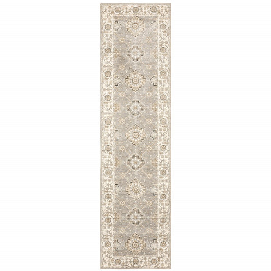 8' Gray And Ivory Oriental Runner Rug