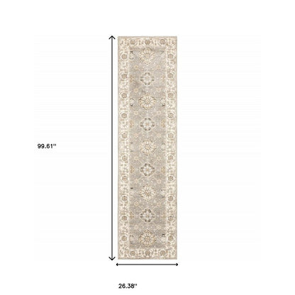 8' Gray And Ivory Oriental Runner Rug