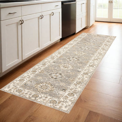 8' Gray And Ivory Oriental Runner Rug