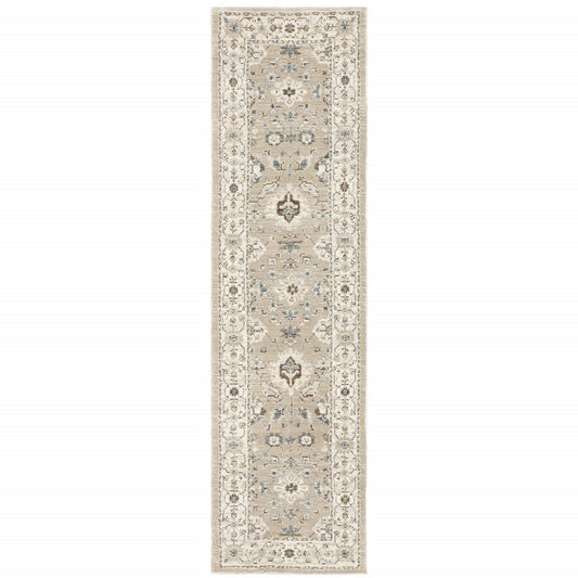 8' Runner Beige and Ivory Oriental Power Loom Runner Rug