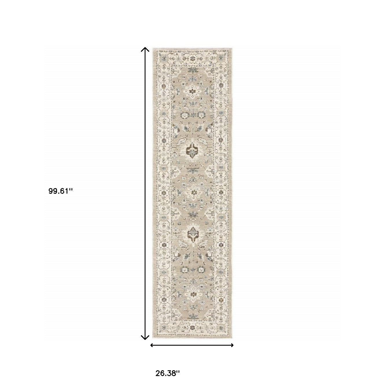 8' Runner Beige and Ivory Oriental Power Loom Runner Rug