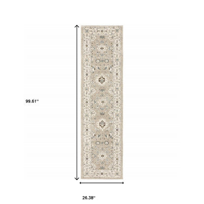 8' Runner Beige and Ivory Oriental Power Loom Runner Rug