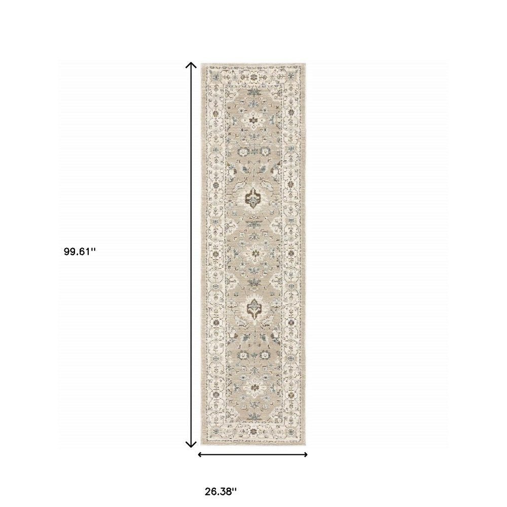 8' Beige And Ivory Oriental Runner Rug