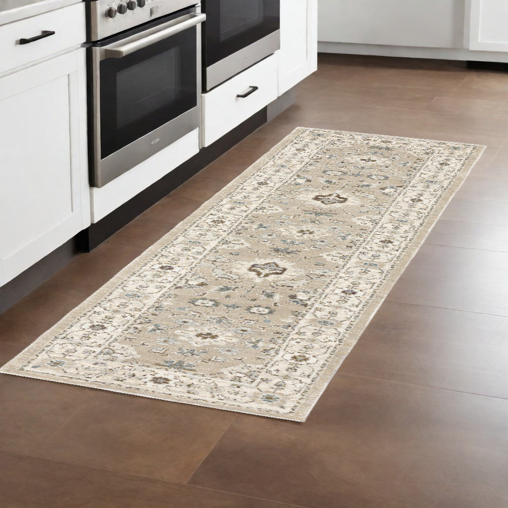 8' Runner Beige and Ivory Oriental Power Loom Runner Rug