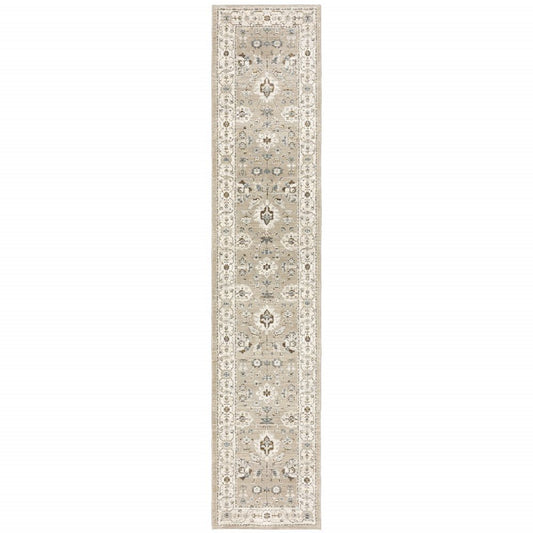 12' Beige And Ivory Oriental Runner Rug