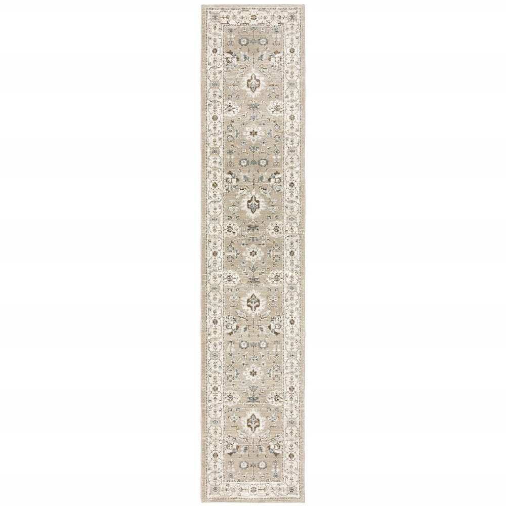 12' Beige And Ivory Oriental Runner Rug