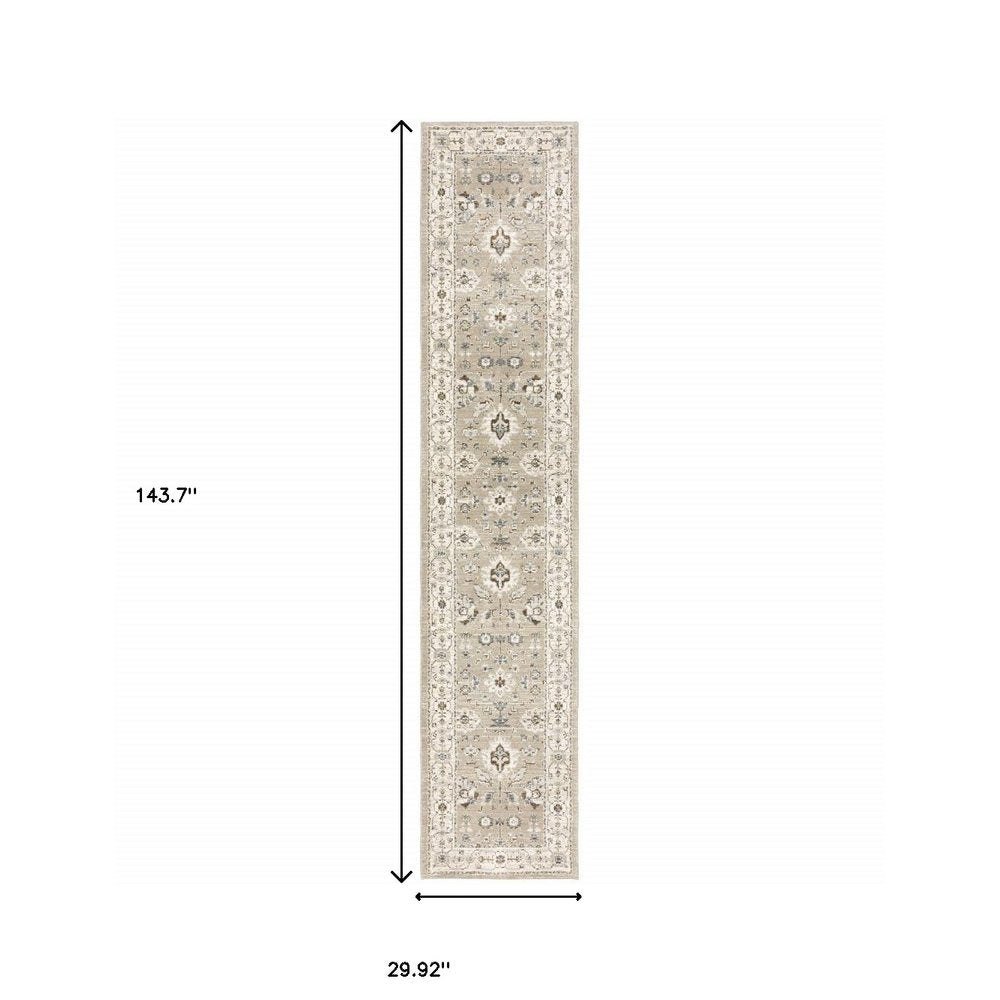 12' Beige And Ivory Oriental Runner Rug