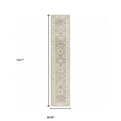 12' Beige And Ivory Oriental Runner Rug