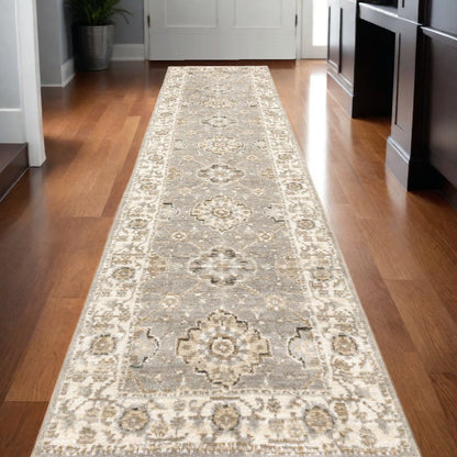 12' Beige And Ivory Oriental Runner Rug