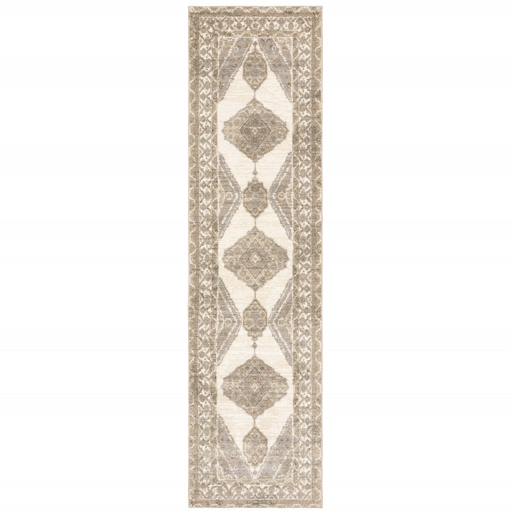 8' Beige And Ivory Oriental Runner Rug