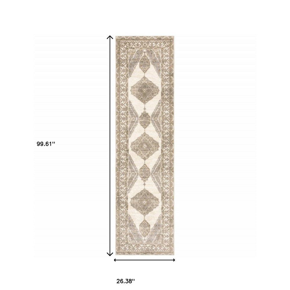 8' Beige And Ivory Oriental Runner Rug