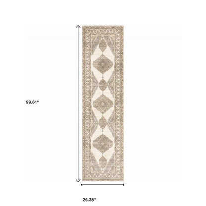 8' Beige And Ivory Oriental Runner Rug