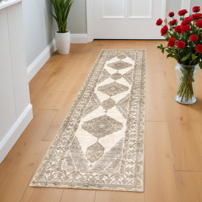 8' Beige And Ivory Oriental Runner Rug