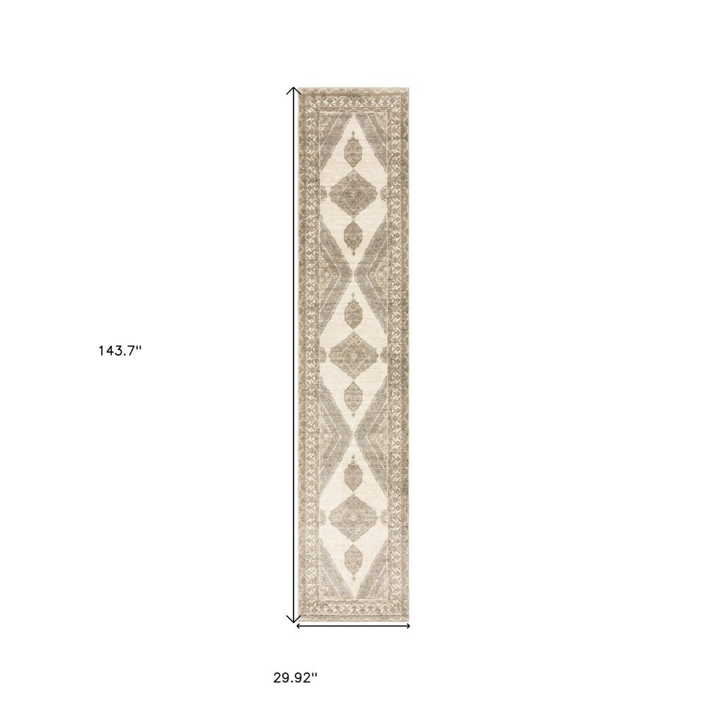 12' Beige And Ivory Oriental Runner Rug