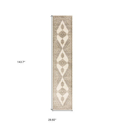 12' Beige And Ivory Oriental Runner Rug