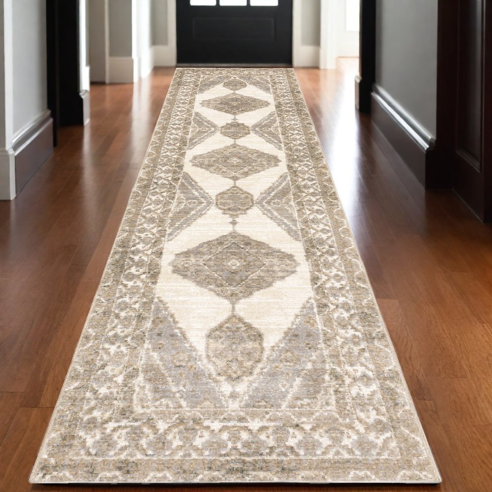 12' Beige And Ivory Oriental Runner Rug