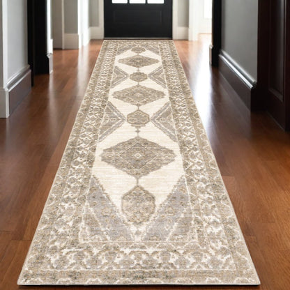 12' Beige And Ivory Oriental Runner Rug