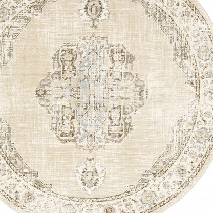 8' Beige and Ivory Round Oriental Power Loom Area Rug