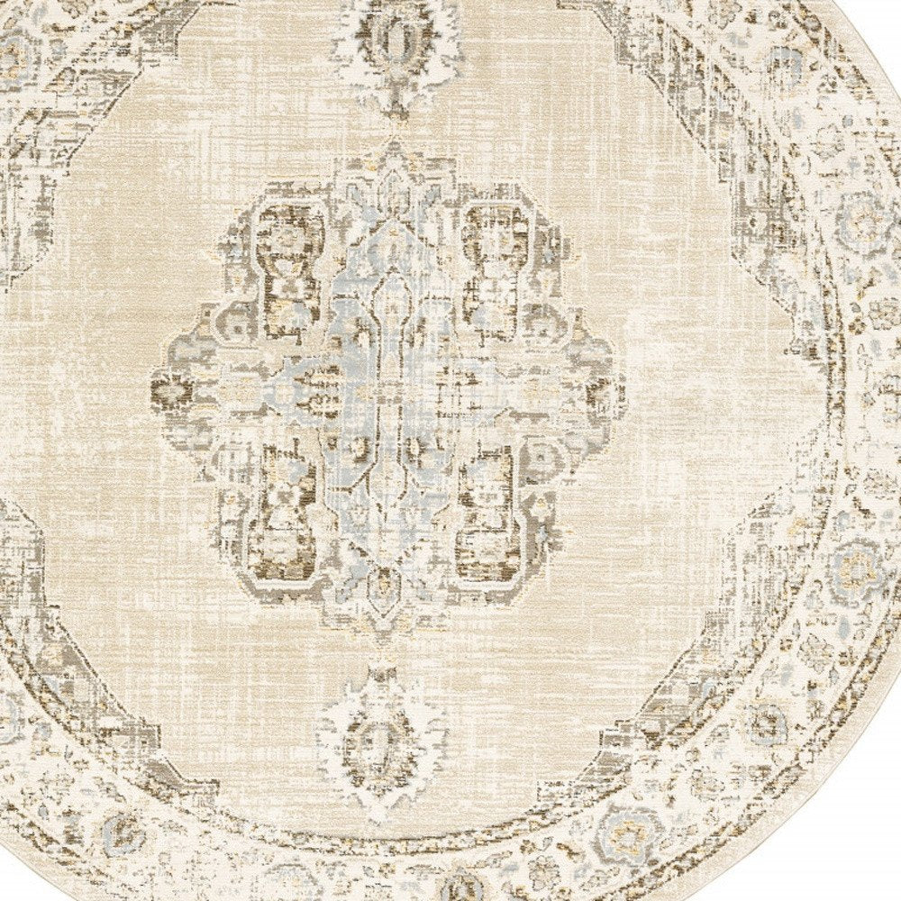 8' Beige and Ivory Round Oriental Power Loom Area Rug
