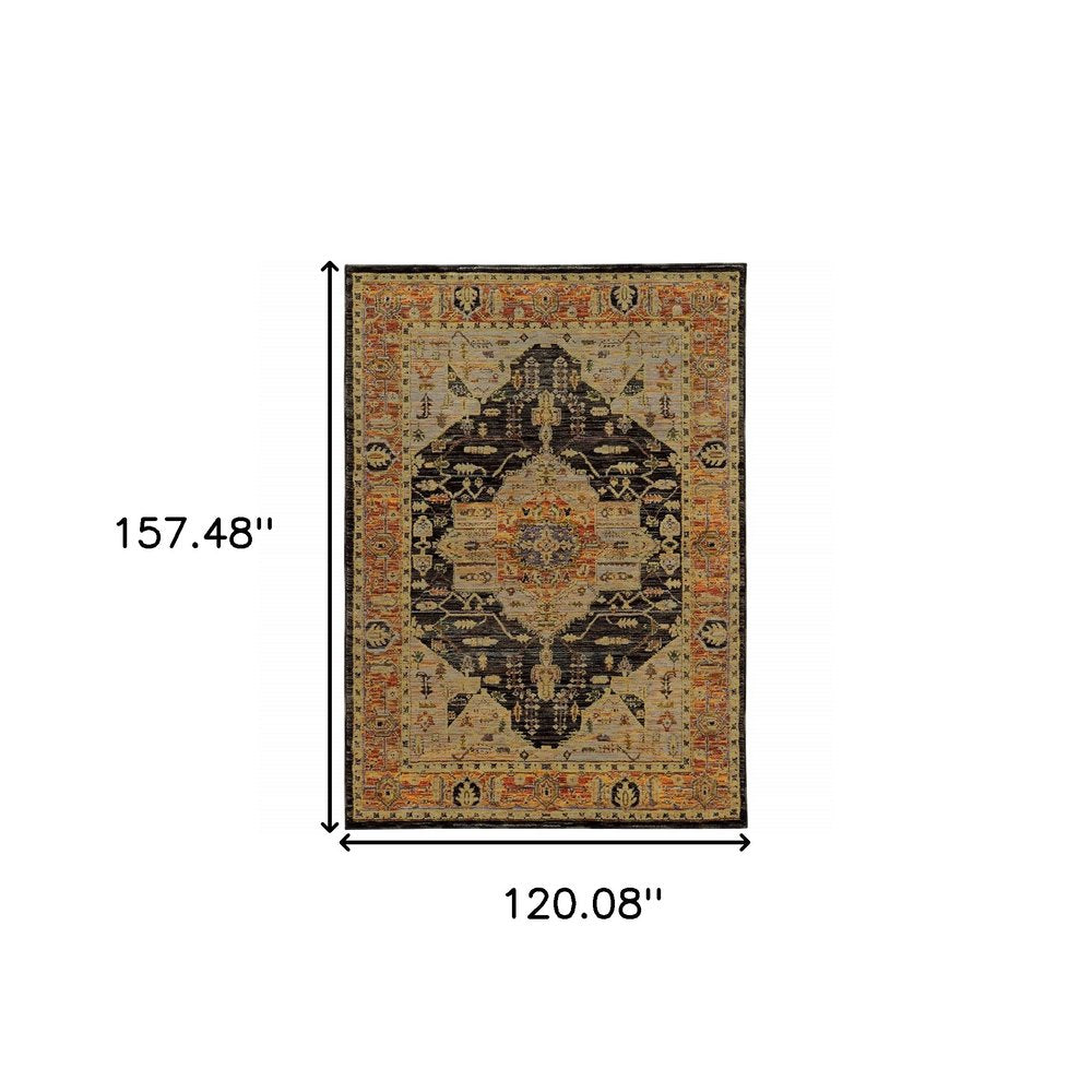 10' X 13' Black and Gold Oriental Power Loom Area Rug