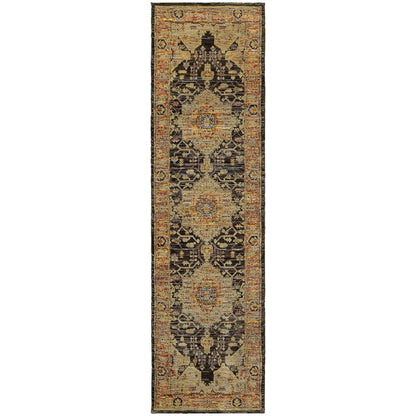 8' Black And Gold Oriental Runner Rug