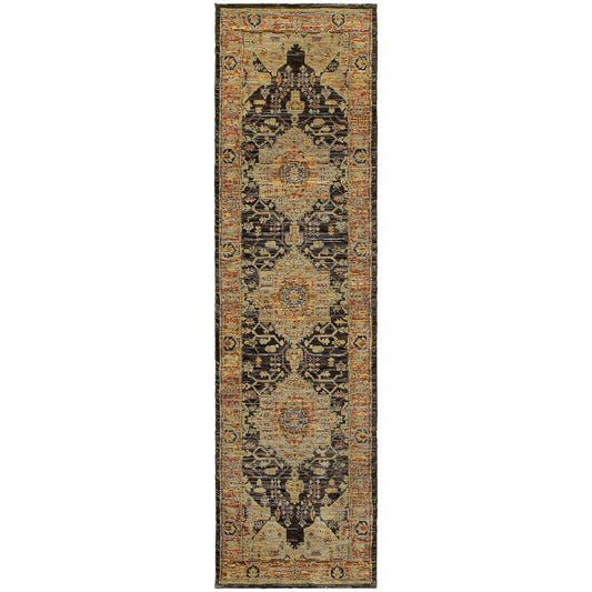 8' Black And Gold Oriental Runner Rug