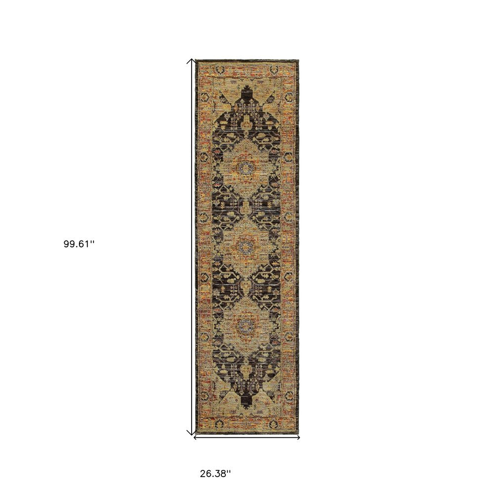 8' Black And Gold Oriental Runner Rug