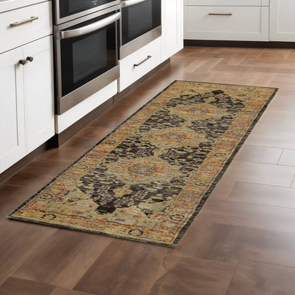8' Black And Gold Oriental Runner Rug
