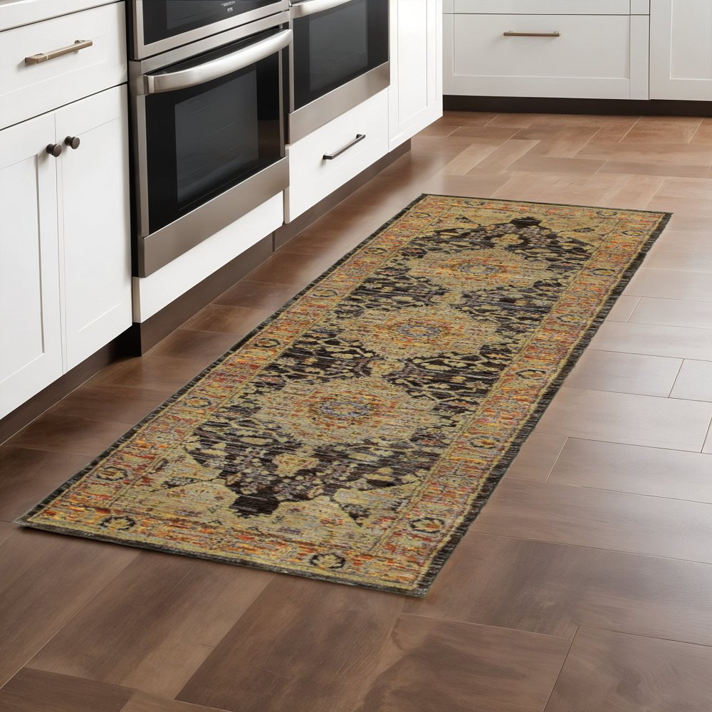8' Black And Gold Oriental Runner Rug