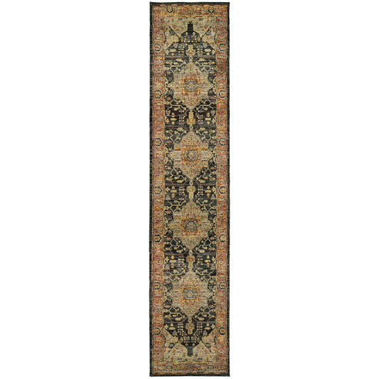 12' Runner Gold and Black Oriental Power Loom Runner Rug