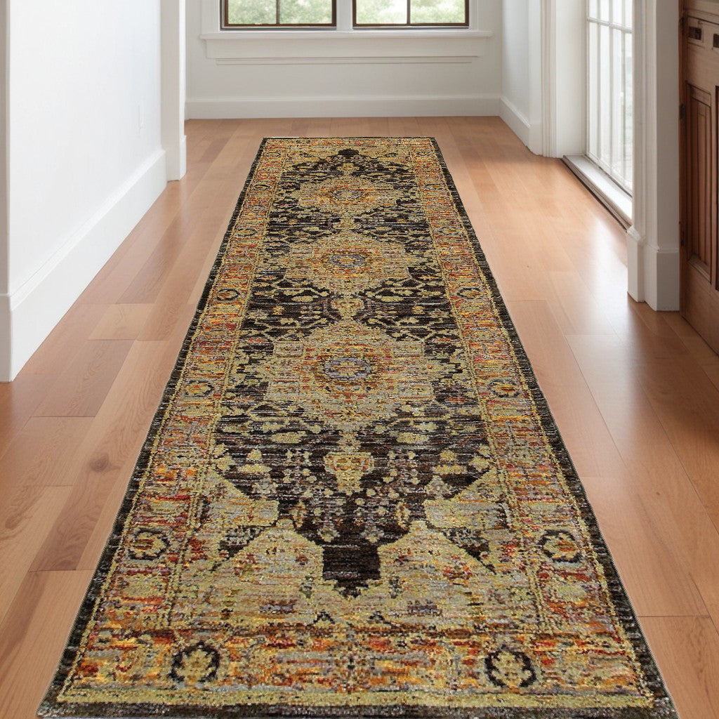 12' Runner Gold and Black Oriental Power Loom Runner Rug