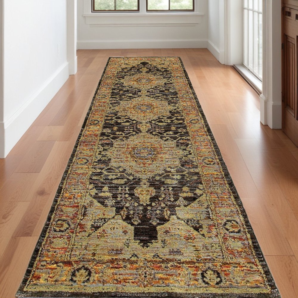 12' Gold And Gray Oriental Runner Rug