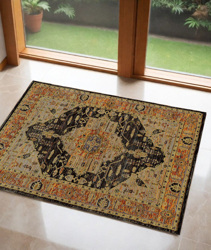 3' X 5' Black and Gold Oriental Power Loom Area Rug