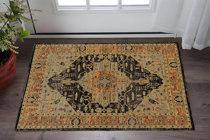 3' X 5' Black and Gold Oriental Power Loom Area Rug