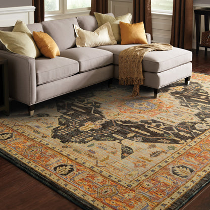 5' X 7' Black and Gold Oriental Power Loom Area Rug