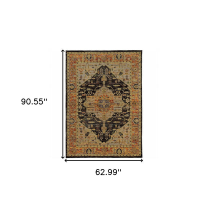 5' X 7' Black and Gold Oriental Power Loom Area Rug