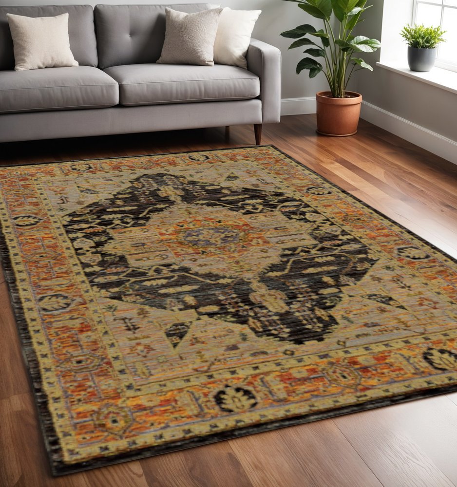 5' X 7' Black and Gold Oriental Power Loom Area Rug