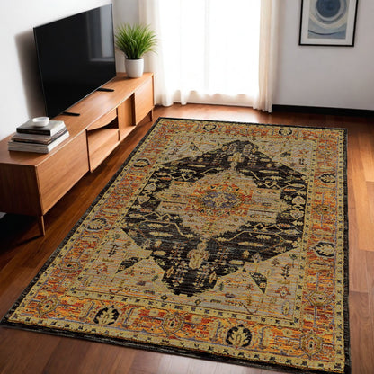 5' X 7' Black and Gold Oriental Power Loom Area Rug