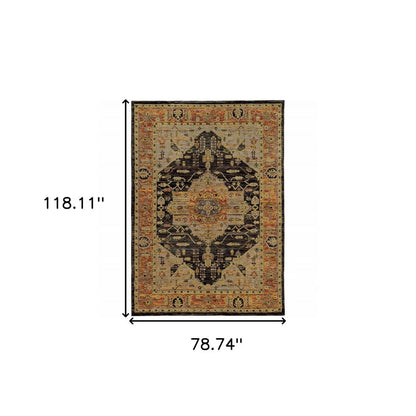 7' X 10' Black and Gold Oriental Power Loom Area Rug