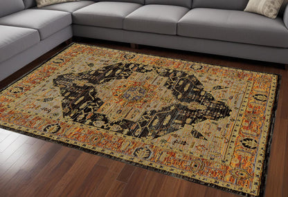 7' X 10' Black and Gold Oriental Power Loom Area Rug