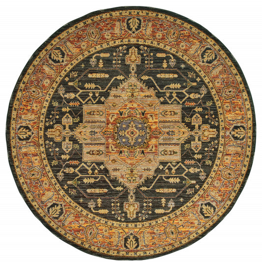 8' Black and Gold Round Oriental Power Loom Area Rug