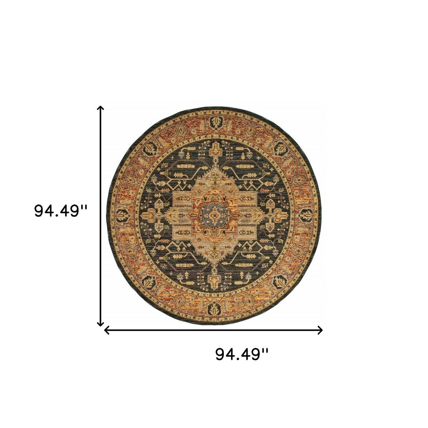 8' Black and Gold Round Oriental Power Loom Area Rug