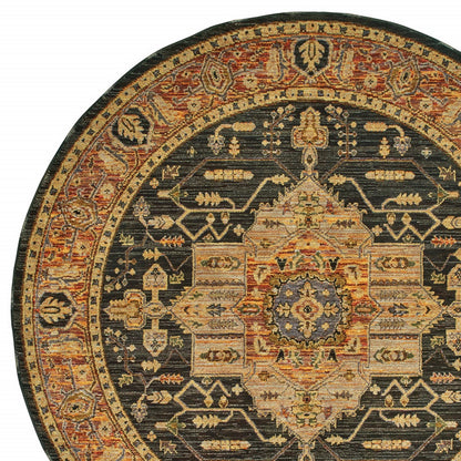 8' Black and Gold Round Oriental Power Loom Area Rug