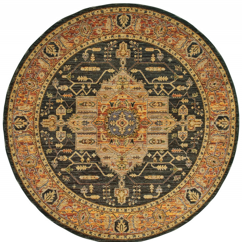 8' Black and Gold Round Oriental Power Loom Area Rug