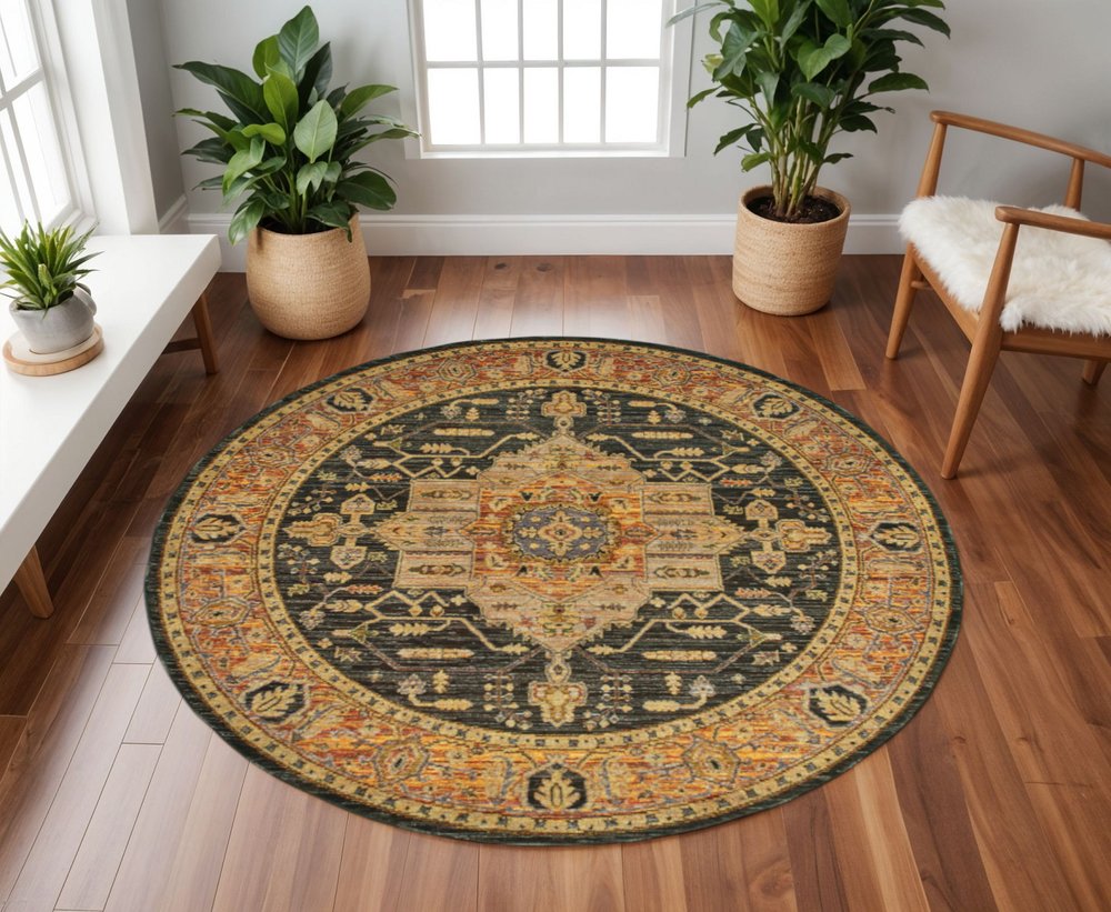 8' Black and Gold Round Oriental Power Loom Area Rug
