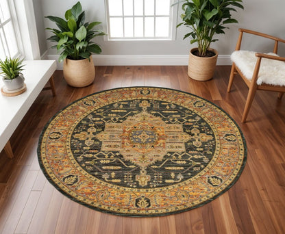 8' Black and Gold Round Oriental Power Loom Area Rug
