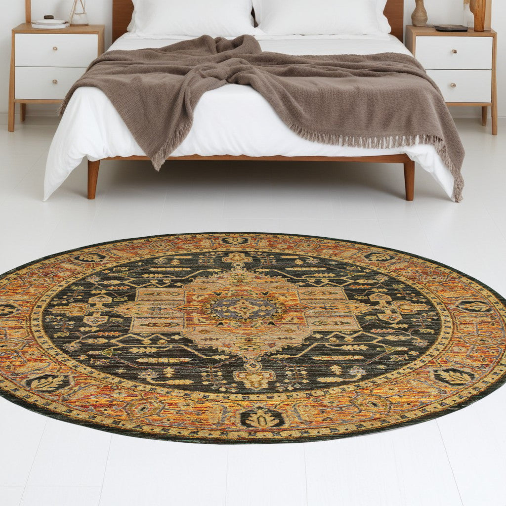 8' Black and Gold Round Oriental Power Loom Area Rug