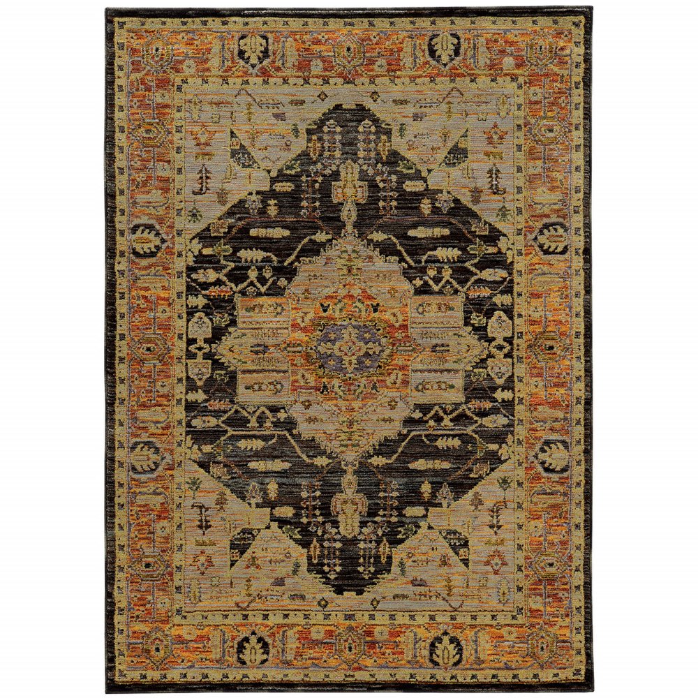 8' X 11' Black and Gold Oriental Power Loom Area Rug