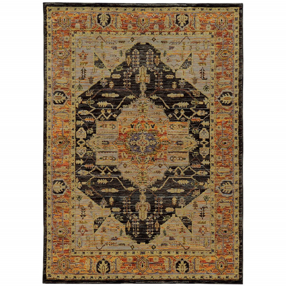 8' X 11' Black and Gold Oriental Power Loom Area Rug