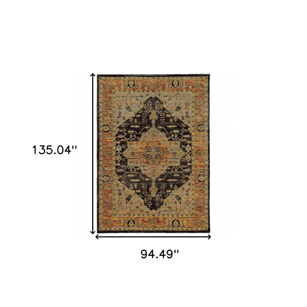 8' X 11' Black and Gold Oriental Power Loom Area Rug